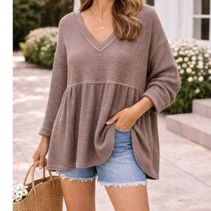 BIBI Waffle Knit V‎ Neck Long Sleeve Babydoll Top Brown Size L